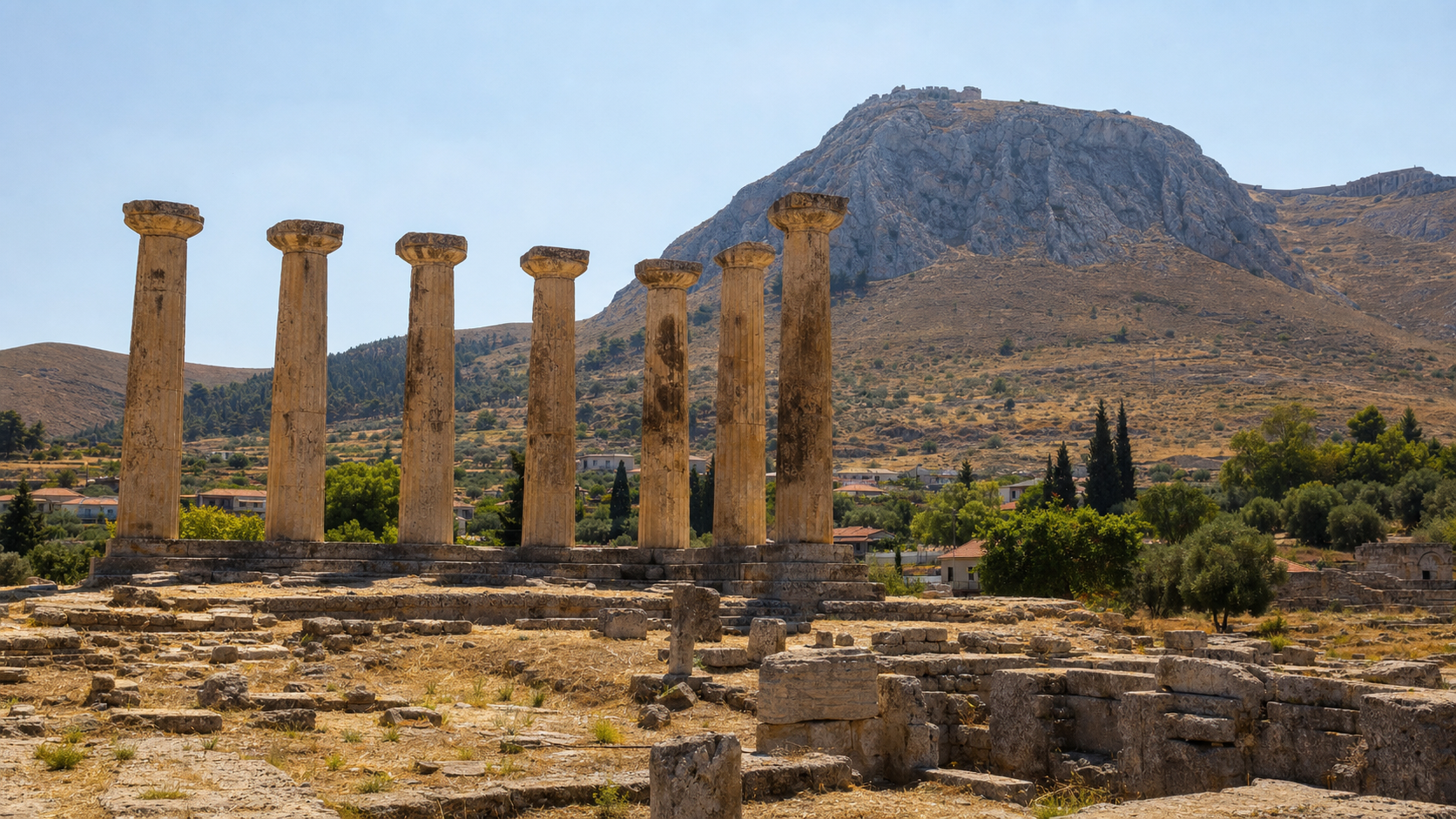 Temple of Apollo and Acrocorinth in Greece