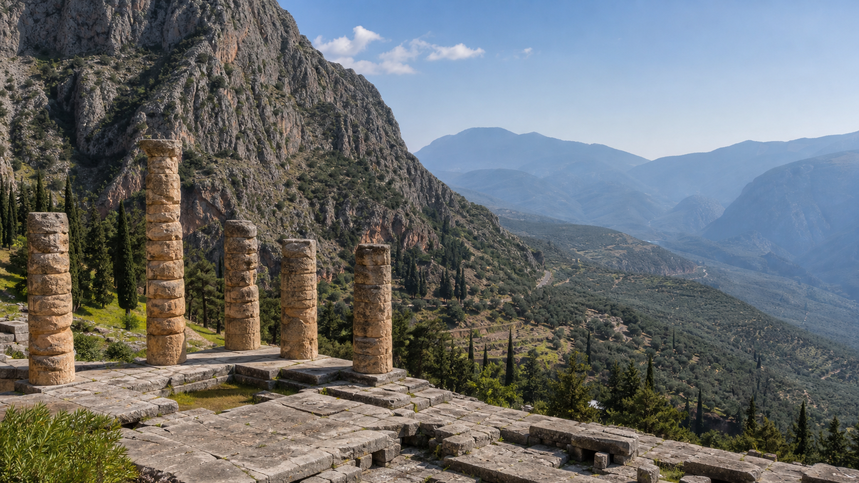 Temple of Apollo ruins overlooking the Delphi valley in Greece
