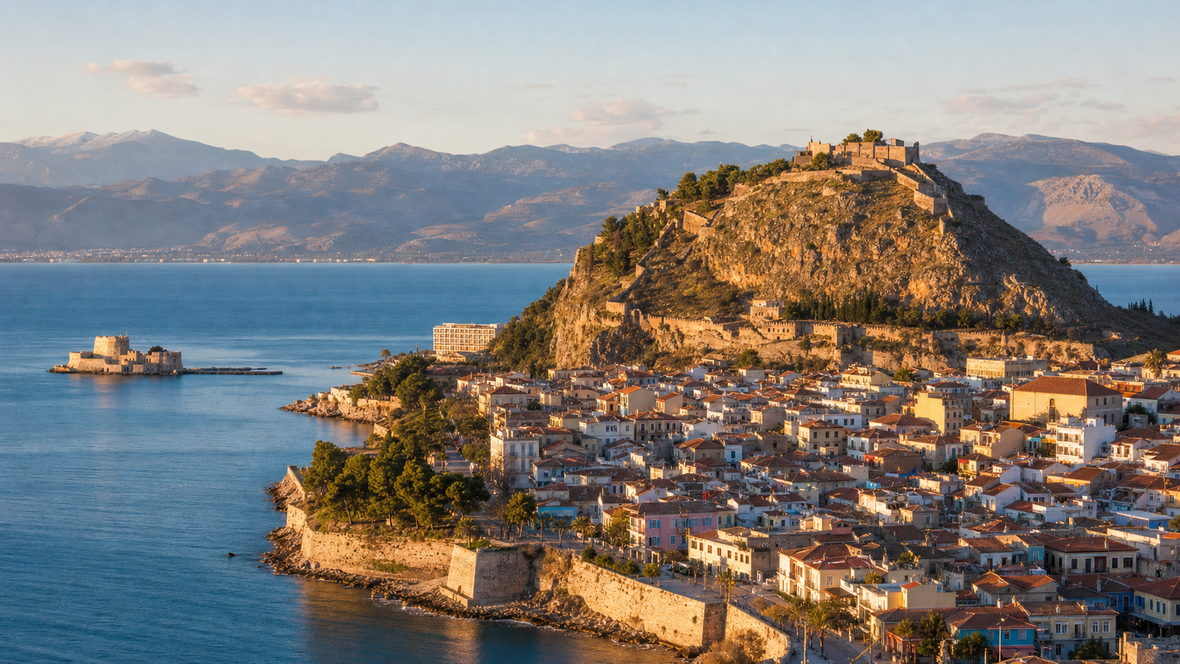 Nafplio old town Palamidi fortress and Bourtzi in Greece